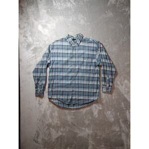 Vtg Bugle Boy Long Sleeve Mens M Button Down Shirt Plaid Blue Green Cabincore
